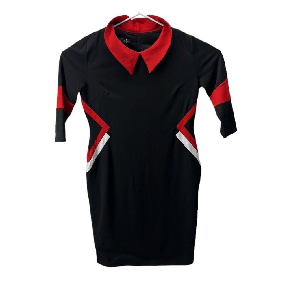 DRIMMAKS Women's XL Dress Black Red White Colorblock 3/4 Sleeve A-Line Short NWT